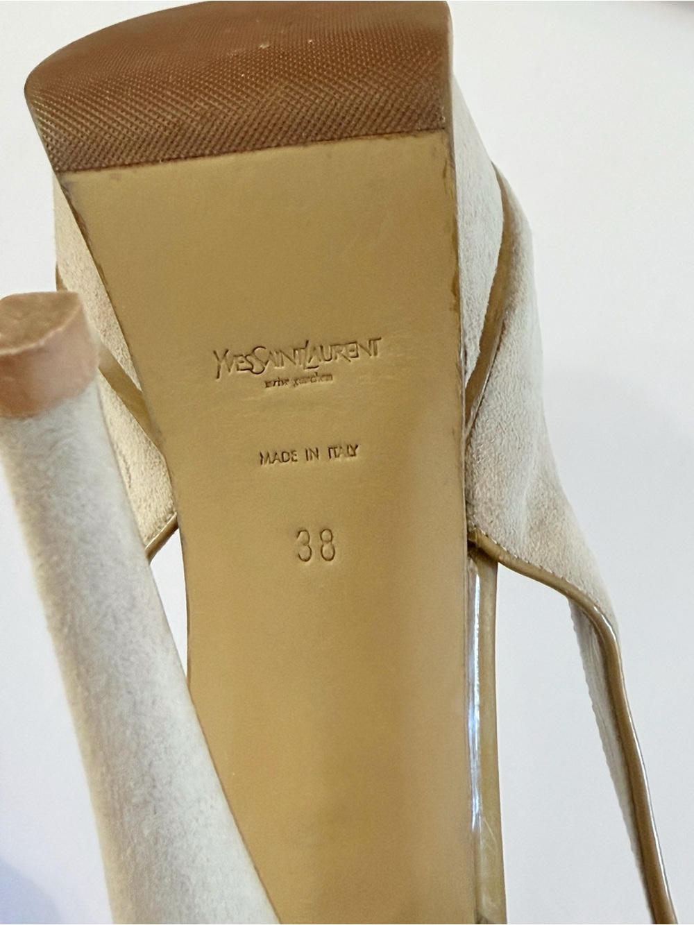 YSL YVES SAINT LAURENT GRAY SUEDE GREEN TRIM PLATFORM TRIBUTE SLINGBACK HEELS - Picture 7 of 13